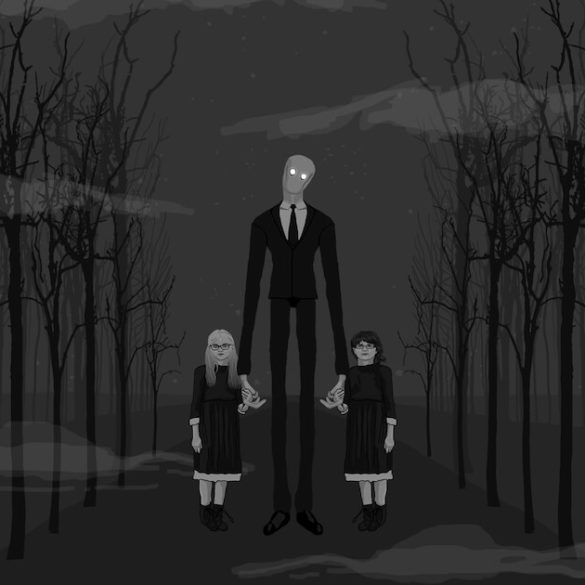 Ilustración Slenderman con Anissa y Morgan de la mano.