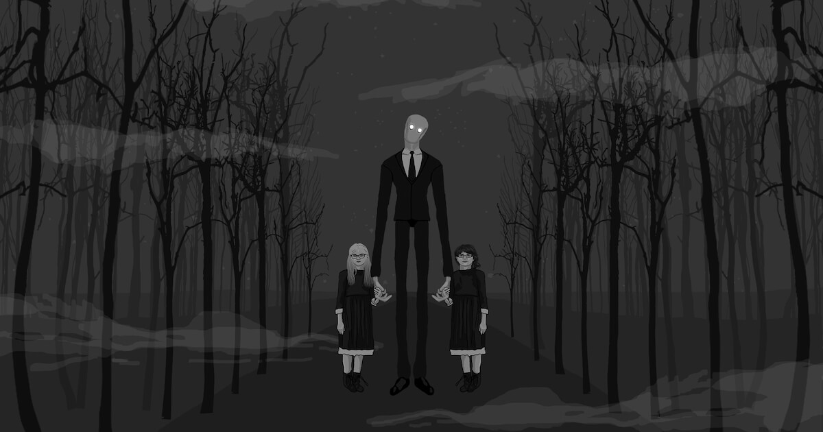 Ilustración Slenderman con Anissa y Morgan de la mano.